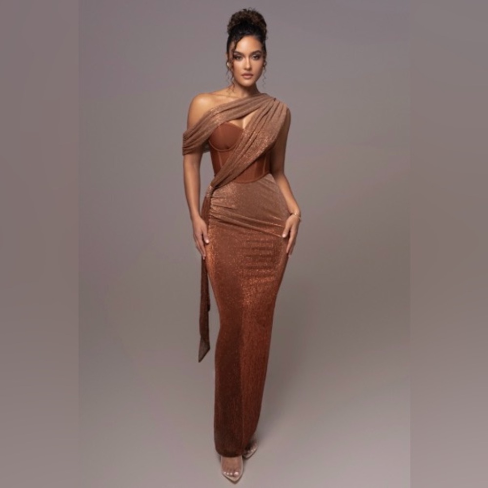 JLUXLABEL Gold Celestina Draped Maxi Dress